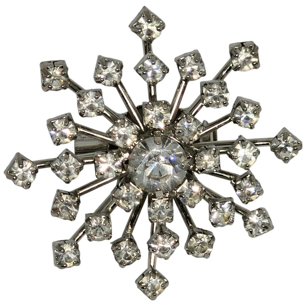 Vintage Rhinestone Starburst Brooch Silver Tone Atomic Sputnik Mid Century